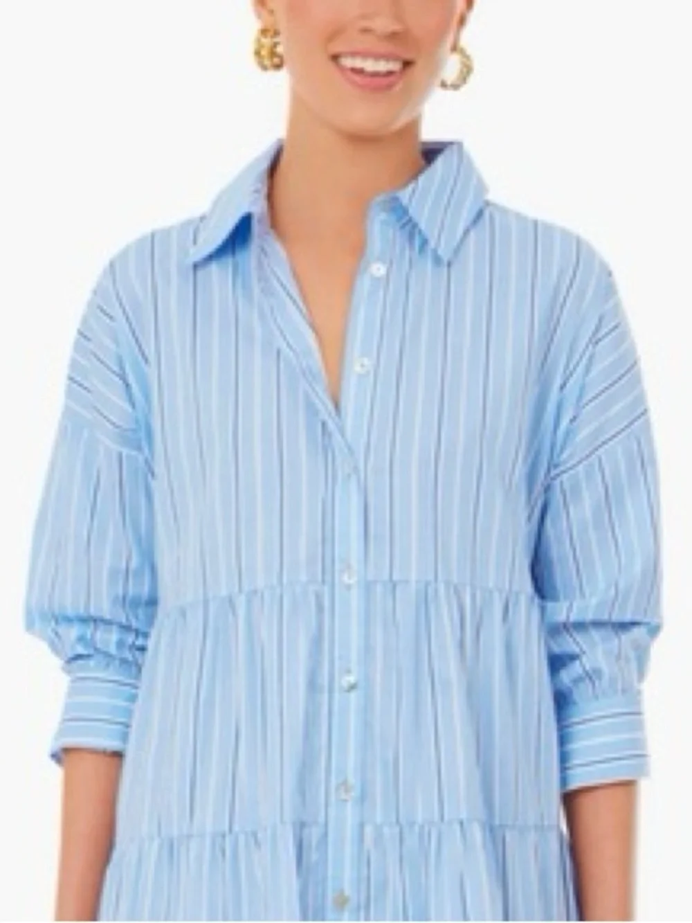 Tuckernuck Pomander Place Shades of Blue Stripe Cara Tiered Shirt Dress LARGE - Picture 6 of 7